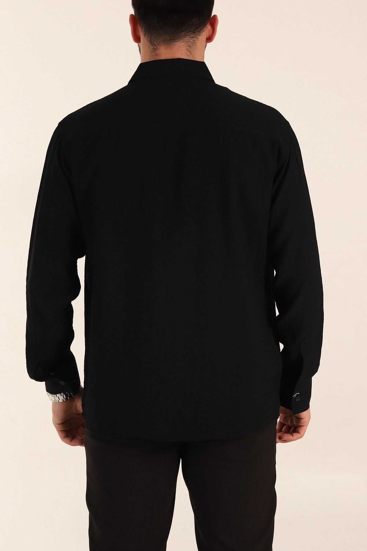 Siyah Relaxed Fit Ata Yaka Uzun Kollu Erkek Gömlek 369596
