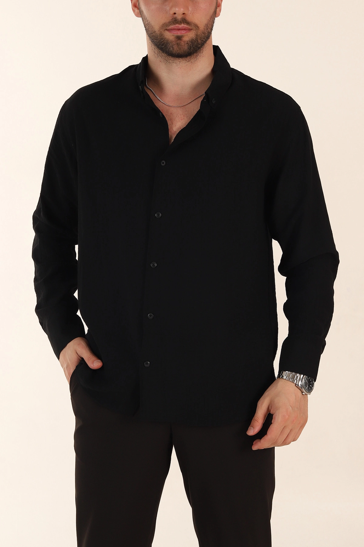 Siyah Relaxed Fit Ata Yaka Uzun Kollu Erkek Gömlek 369596