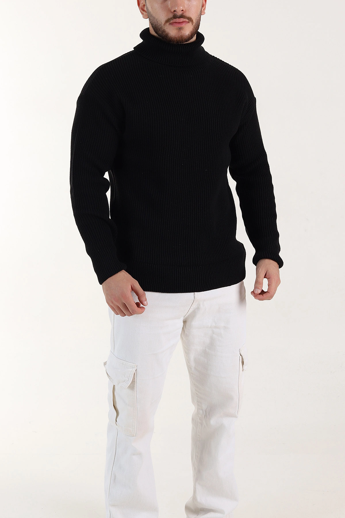 Siyah Relaxed Fit Balıkçı Yaka Erkek Triko Kazak 397753