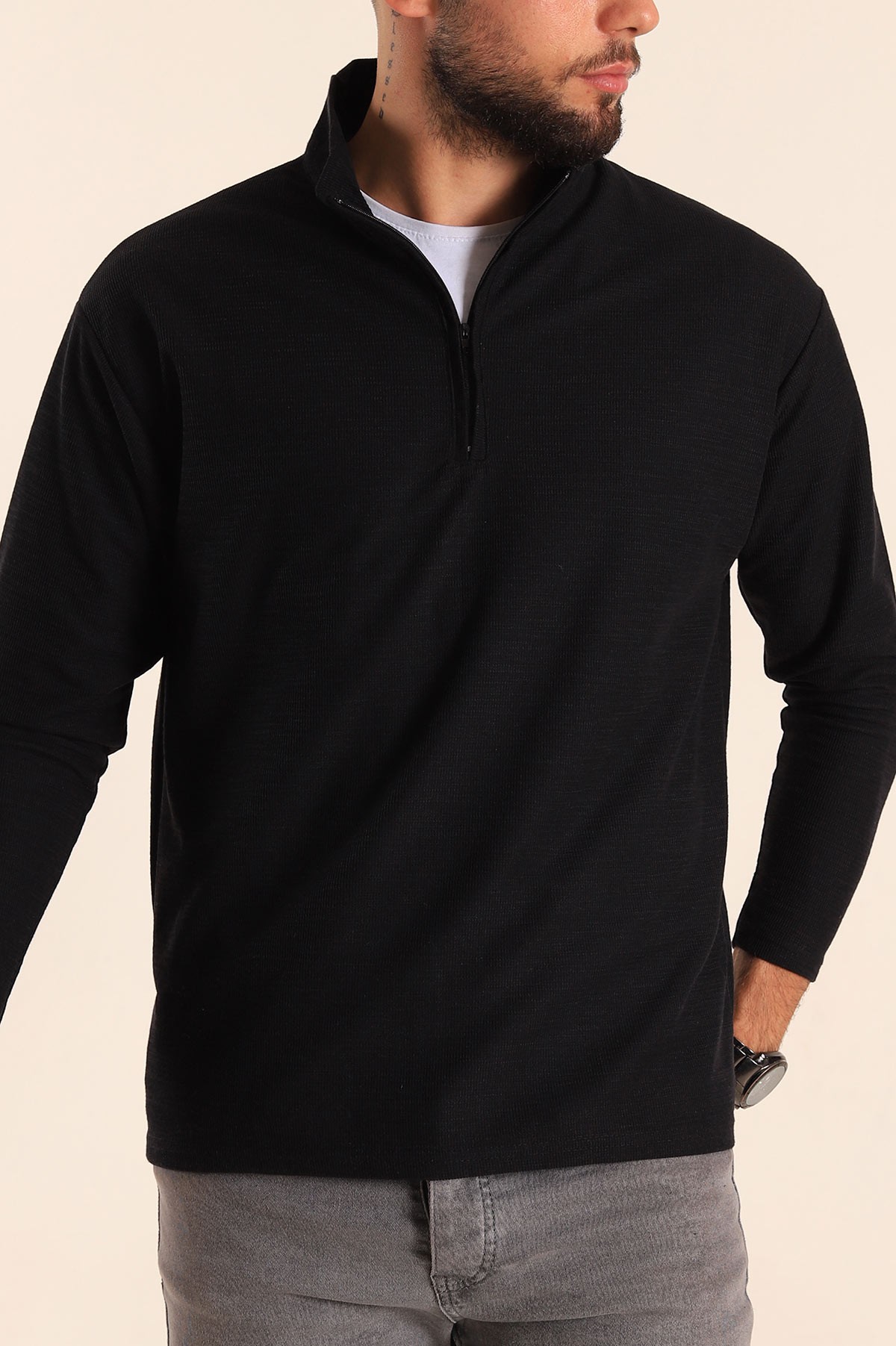Siyah Relaxed Fit Balıkçı Yaka Fermuarlı Erkek Sweat 201317