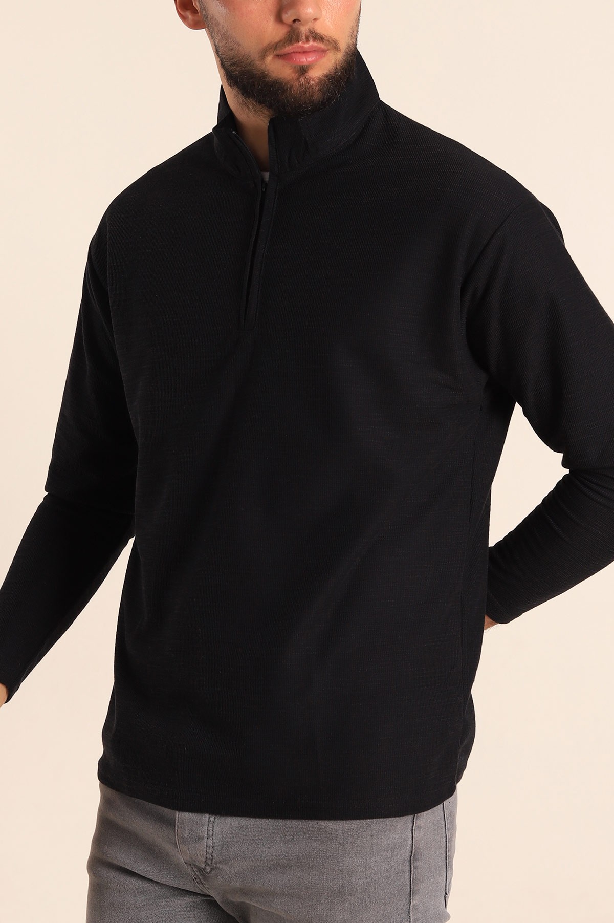 Siyah Relaxed Fit Balıkçı Yaka Fermuarlı Erkek Sweat 201317