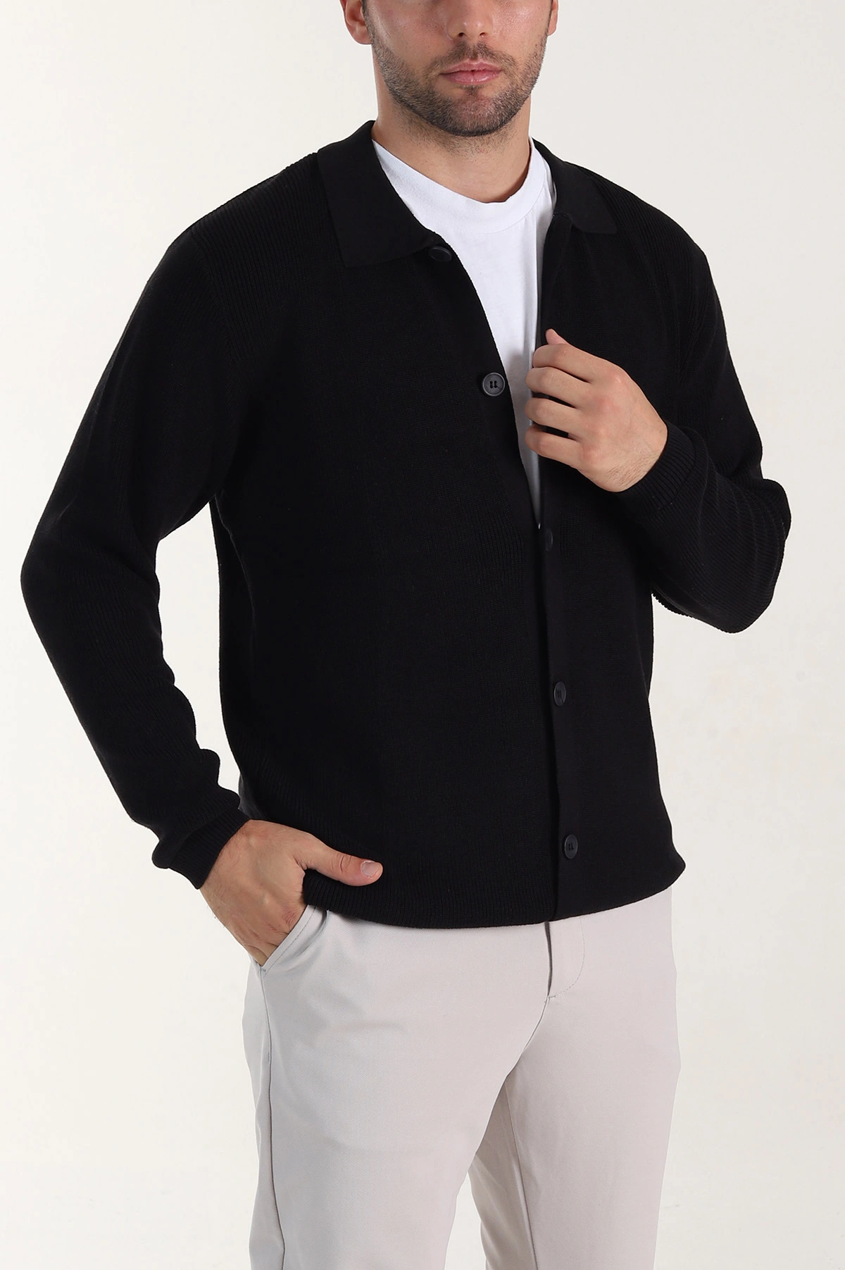 Siyah Relaxed Fit Bambu Erkek Triko Hırka 400155