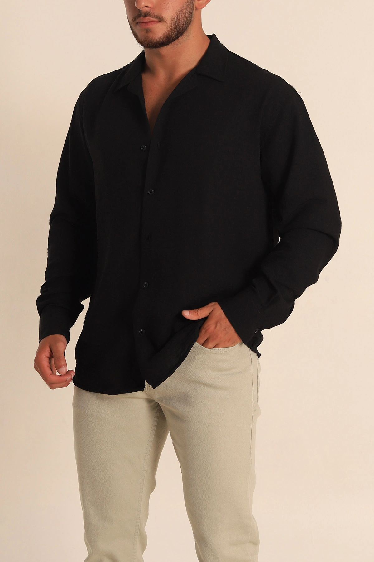 Siyah Relaxed Fit Bambu Keten Apaş Yaka Erkek Gömlek 285485