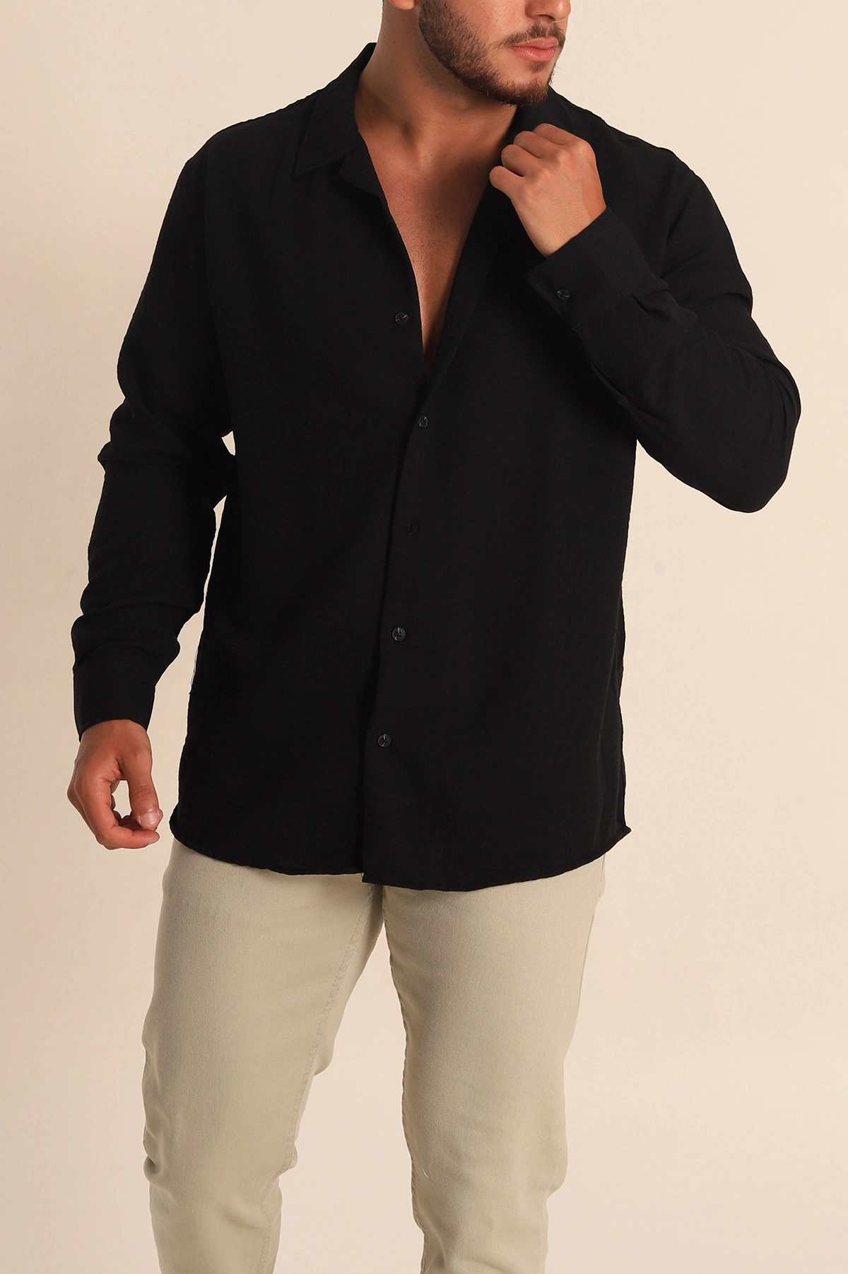 Siyah Relaxed Fit Bambu Keten Apaş Yaka Erkek Gömlek 285485