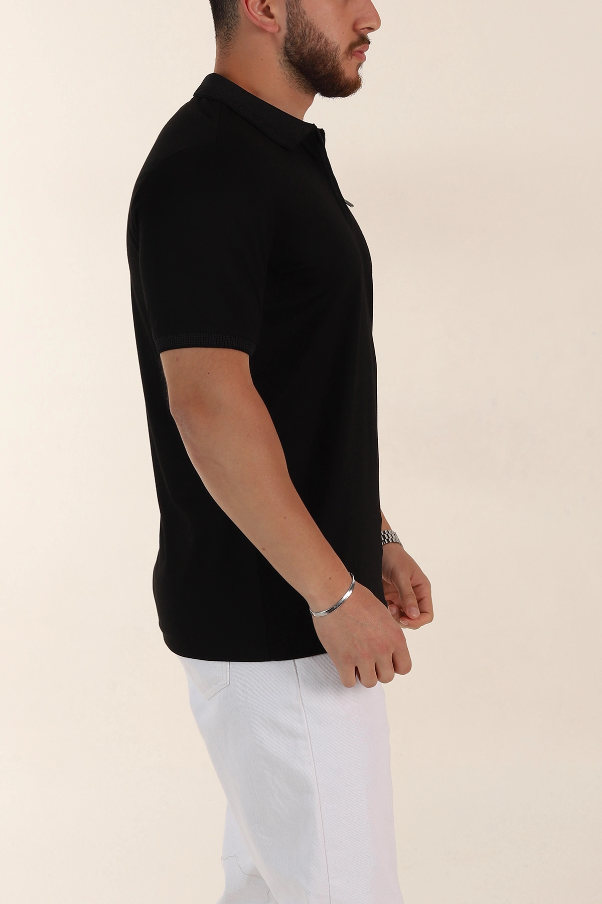 Siyah Relaxed Fit Basic Fermuarlı Polo Yaka Erkek Tişört 359130