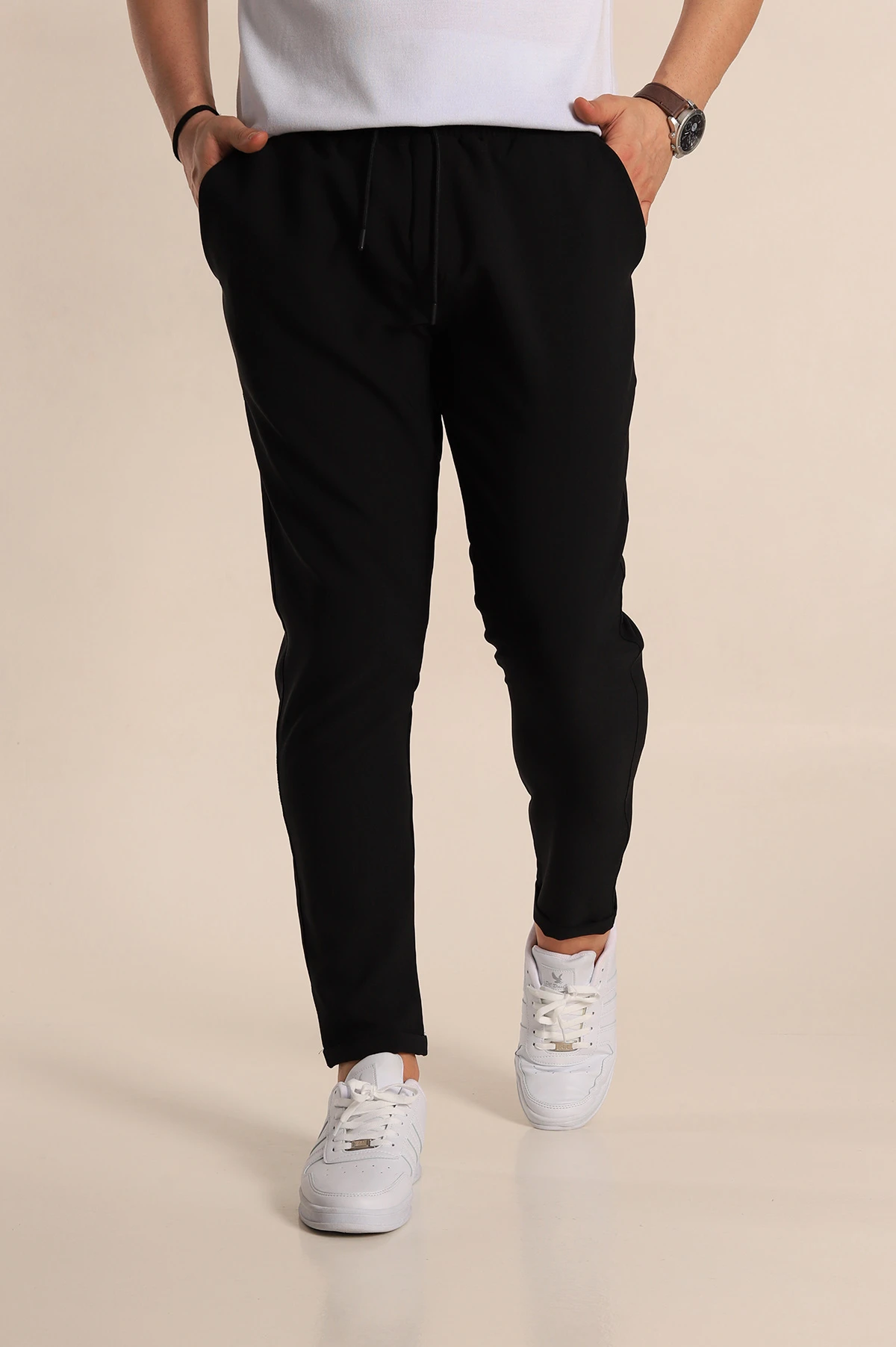 Siyah Relaxed Fit Bel Bağlamalı Duble Paça Erkek Jogger Pantolon 257467