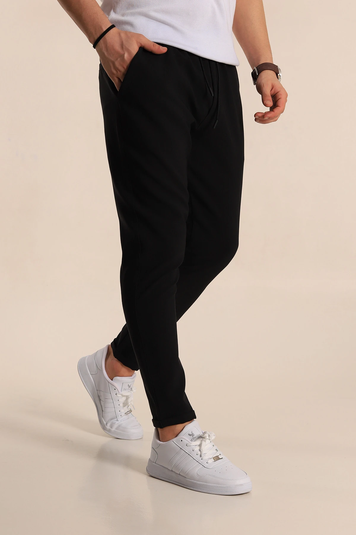 Siyah Relaxed Fit Bel Bağlamalı Duble Paça Erkek Jogger Pantolon 257467