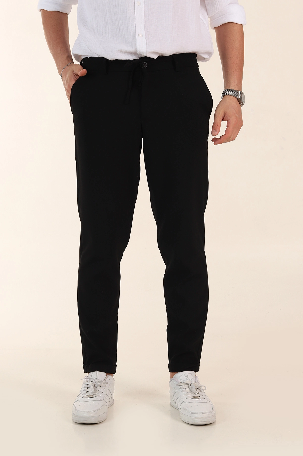 Siyah Relaxed Fit Bel Bağlamalı Duble Paça Erkek Kumaş Pantolon 368383