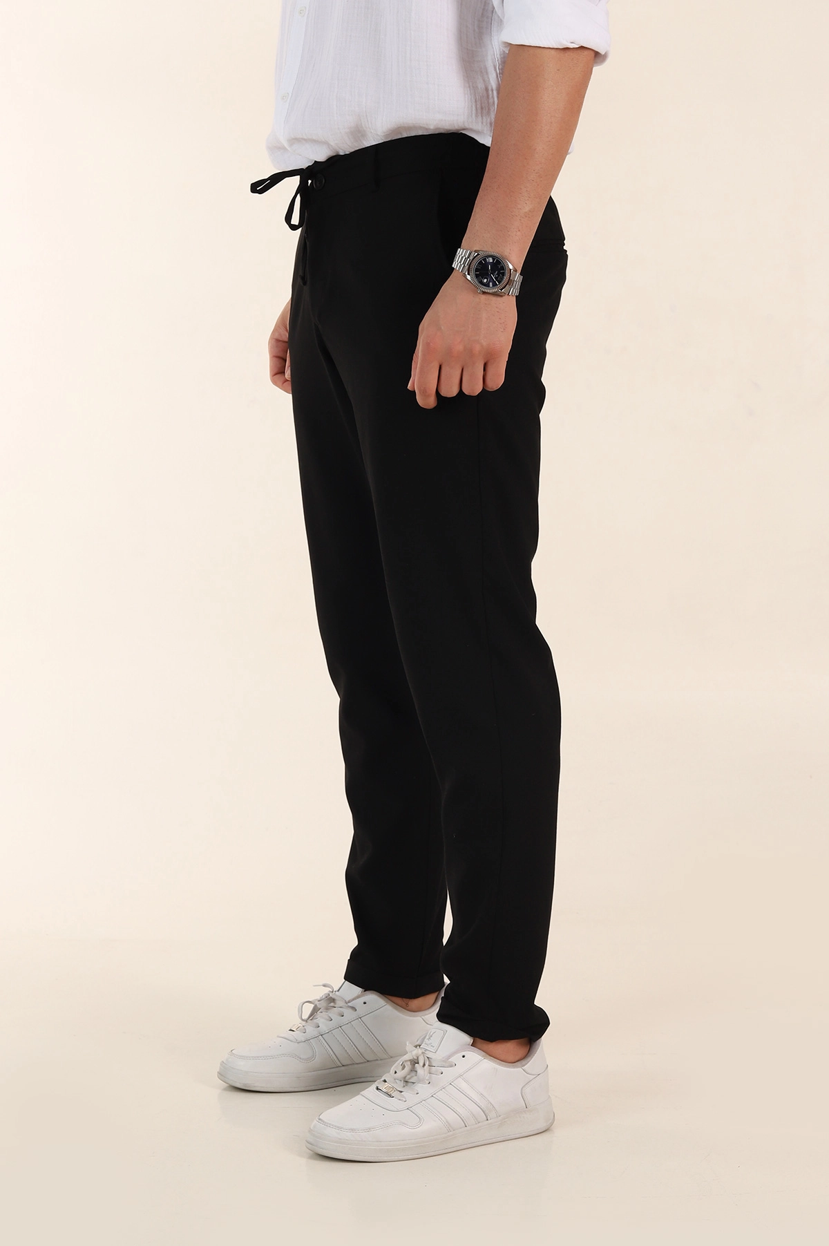 Siyah Relaxed Fit Bel Bağlamalı Duble Paça Erkek Kumaş Pantolon 368383