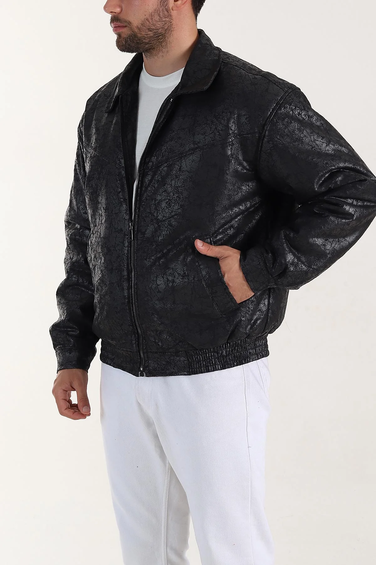 Siyah Relaxed Fit Bel Lastikli İçi Dolgulu Erkek Bomber Mont 398713
