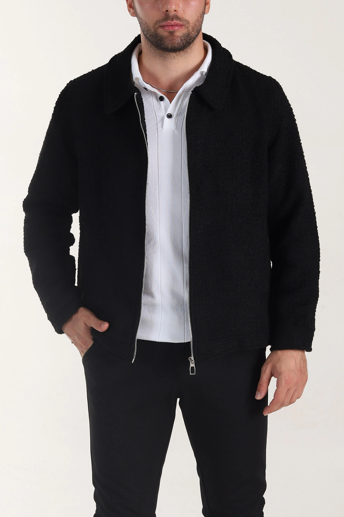 Siyah Relaxed Fit Bürümcük Dokulu Kırçıllı Erkek Ceket 400627