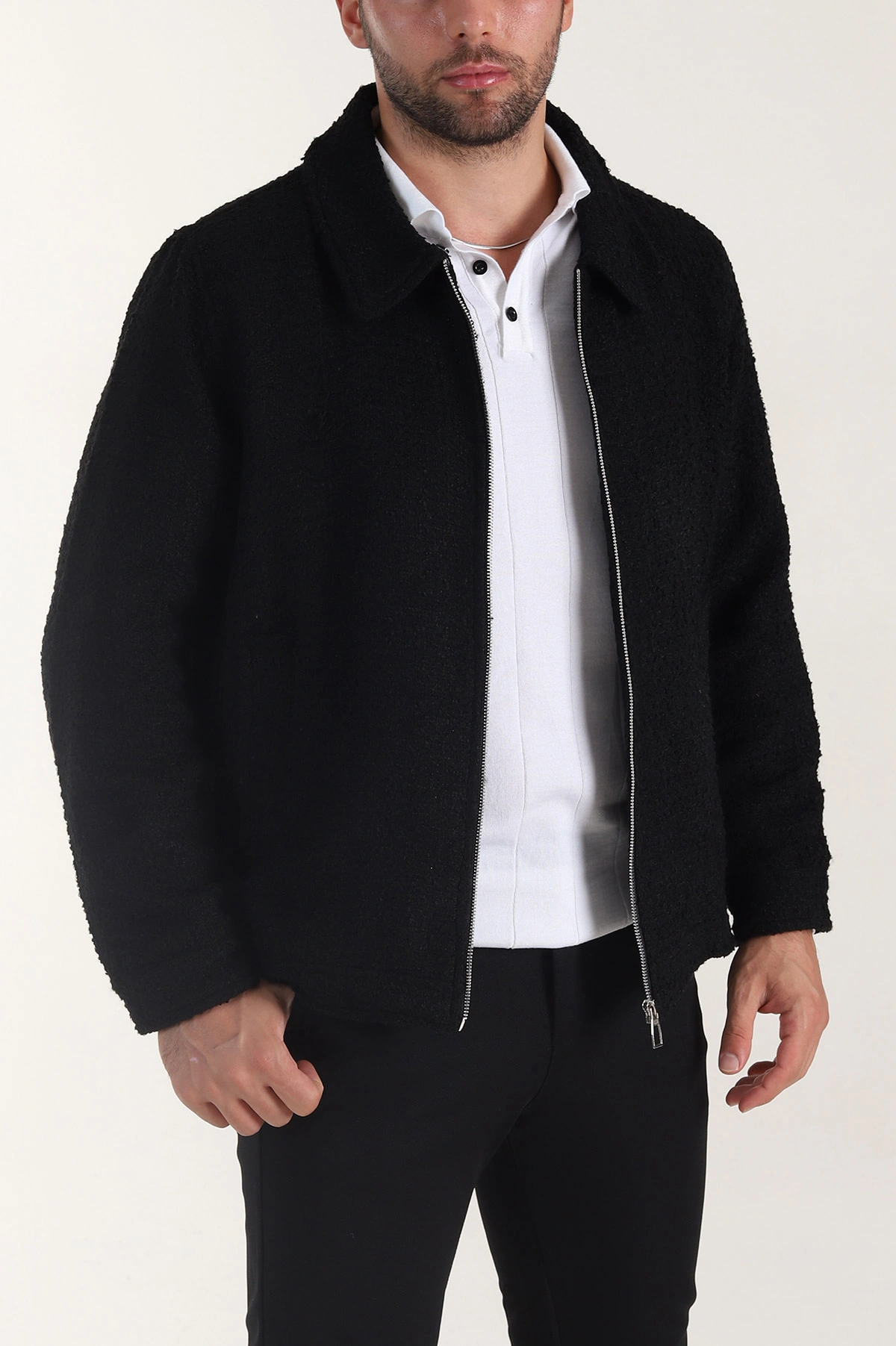 Siyah Relaxed Fit Bürümcük Dokulu Kırçıllı Erkek Ceket 400627