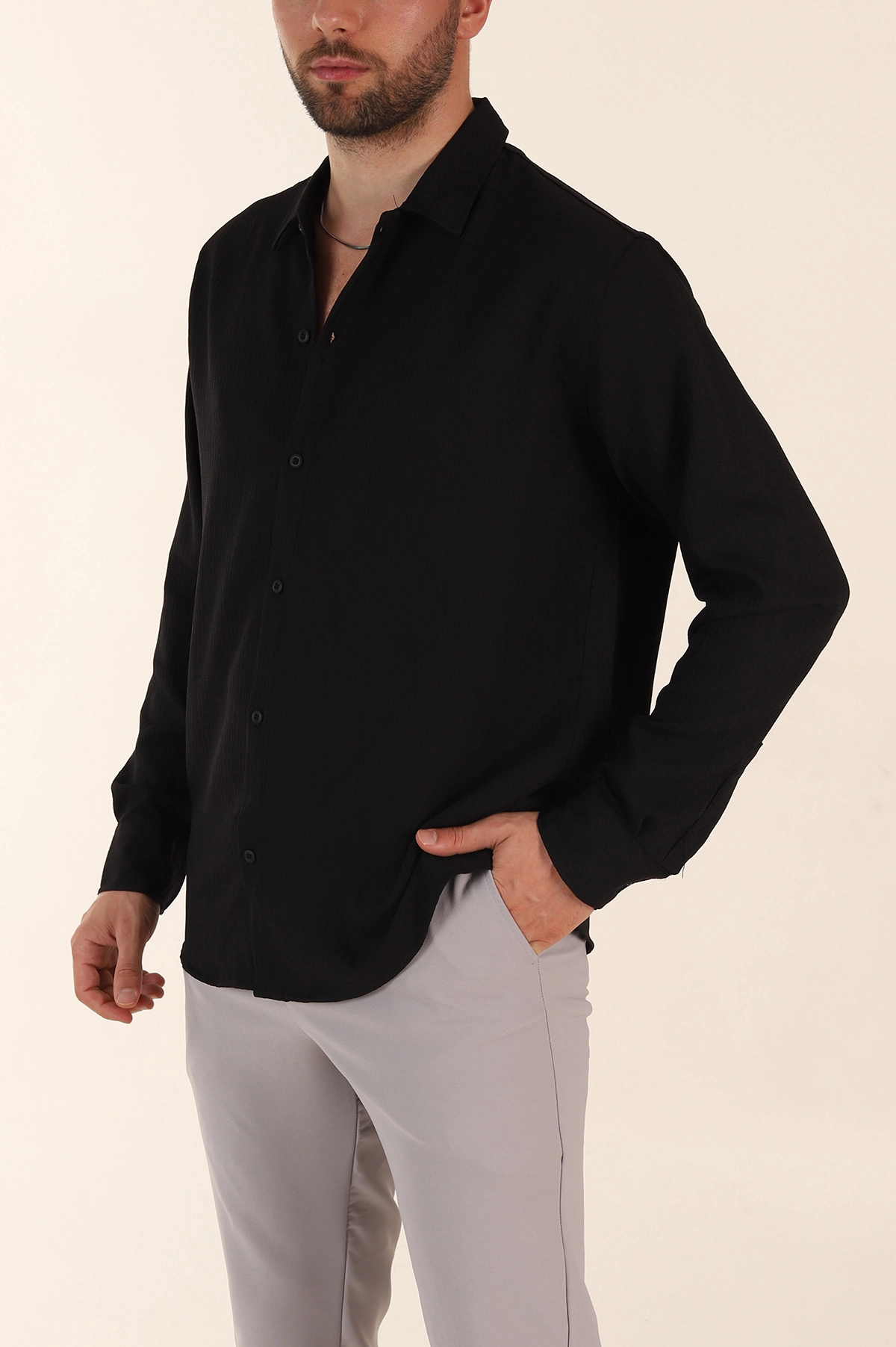 Siyah Relaxed Fit Bürümcük Dokulu Uzun Kollu Erkek Gömlek 369318
