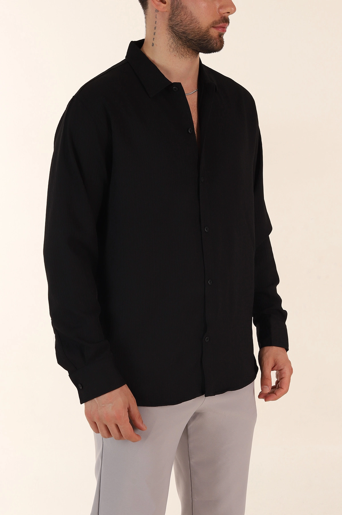 Siyah Relaxed Fit Bürümcük Dokulu Uzun Kollu Erkek Gömlek 369318