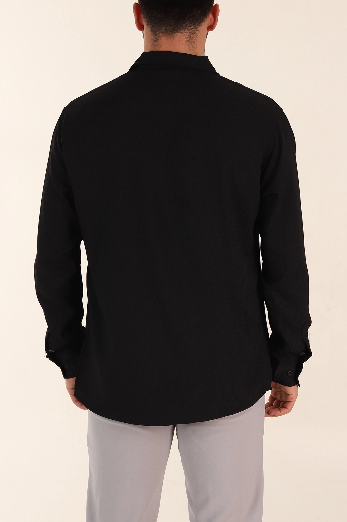 Siyah Relaxed Fit Bürümcük Dokulu Uzun Kollu Erkek Gömlek 369318