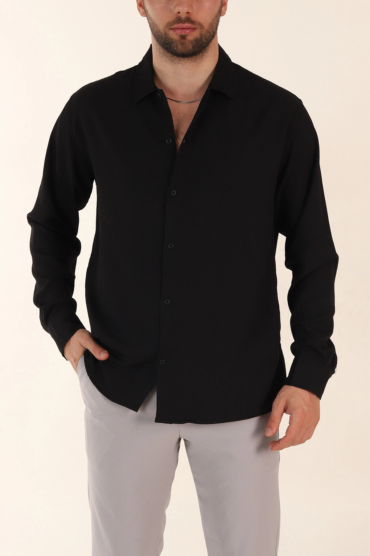 Siyah Relaxed Fit Bürümcük Dokulu Uzun Kollu Erkek Gömlek 369318