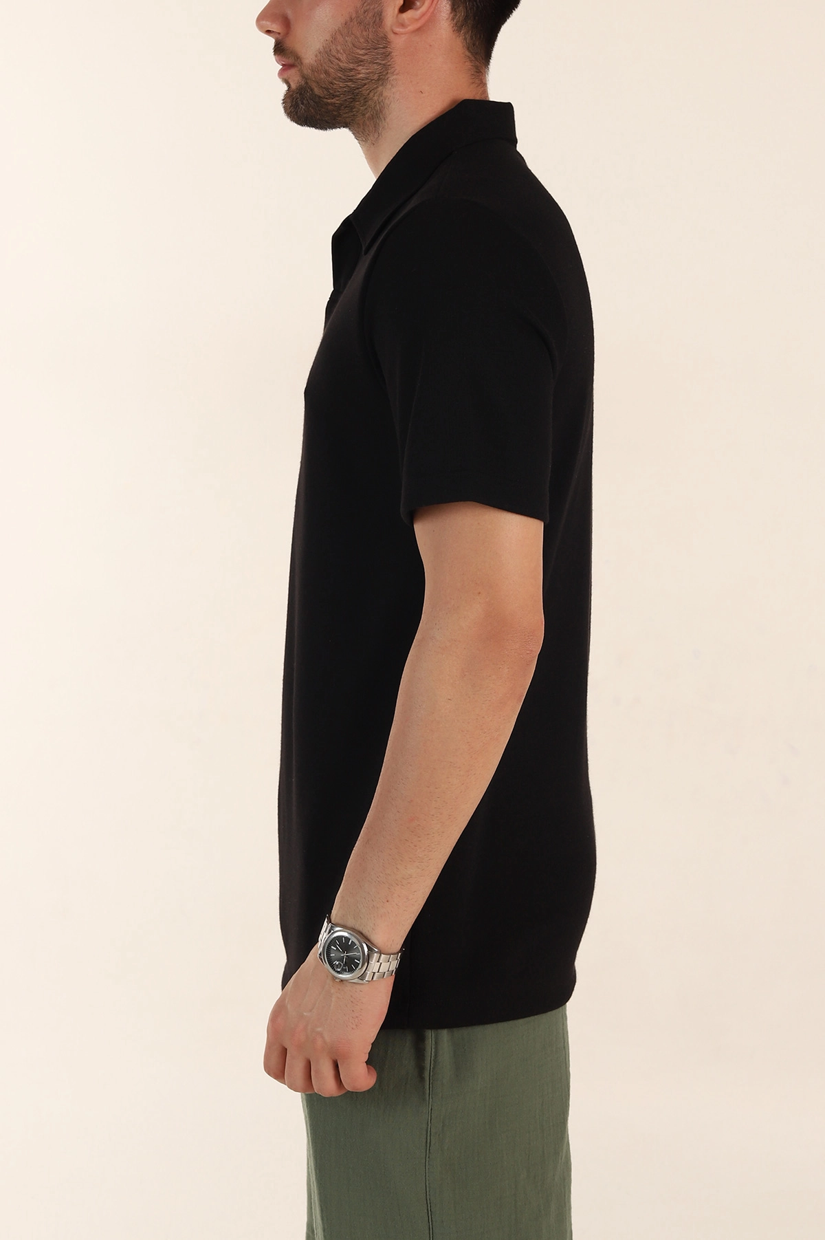 Siyah Relaxed Fit Çelik Örme Polo Yaka Erkek Tişört 368874
