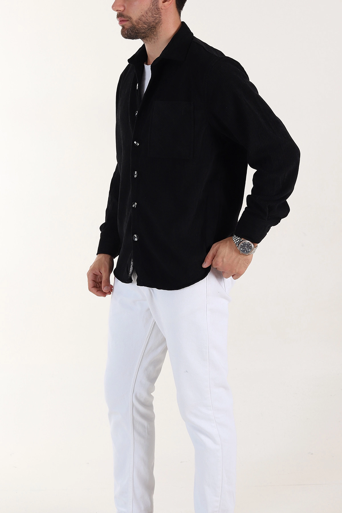 Siyah Relaxed Fit Cep Detaylı Kalın Fitilli Kadife Erkek Gömlek 397929
