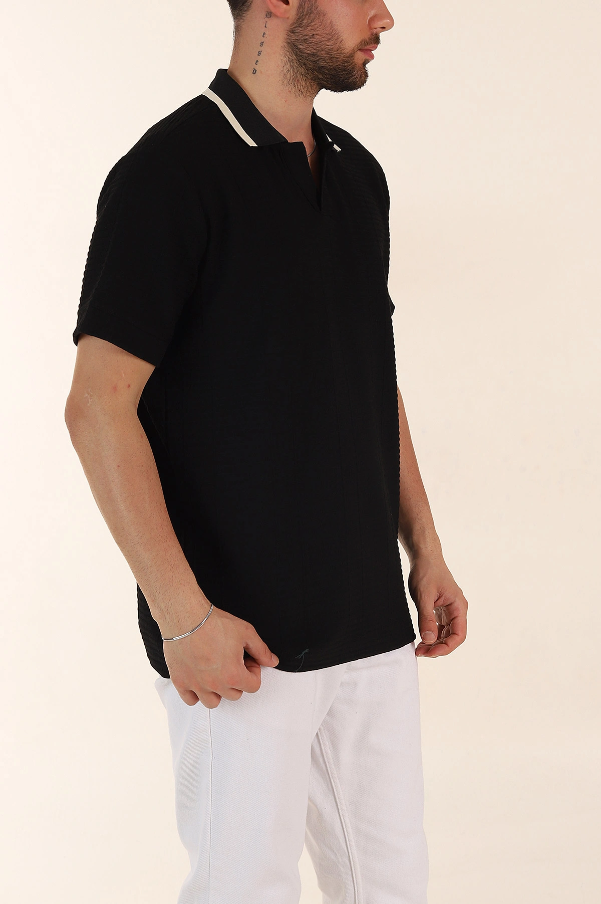Siyah Relaxed Fit Çizgi Detaylı Polo Yaka Erkek Tişört 370319