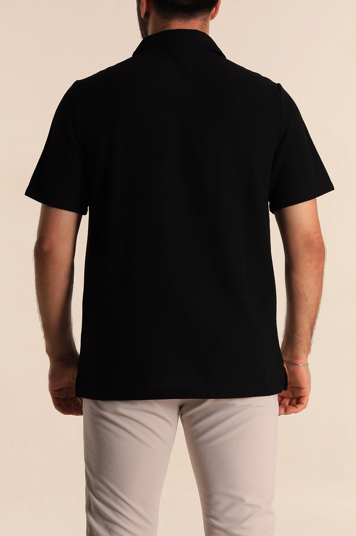 Siyah Relaxed Fit Çizgi Dokulu Fermuarlı Polo Yaka Erkek Tişört 278928