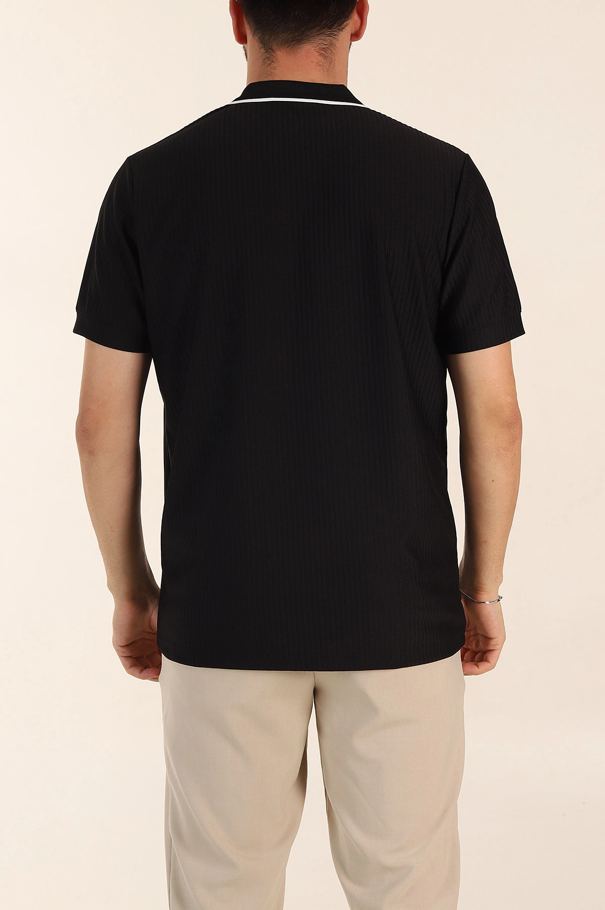 Siyah Relaxed Fit Çizgili Fermuarlı Polo Yaka Erkek Tişört 370337