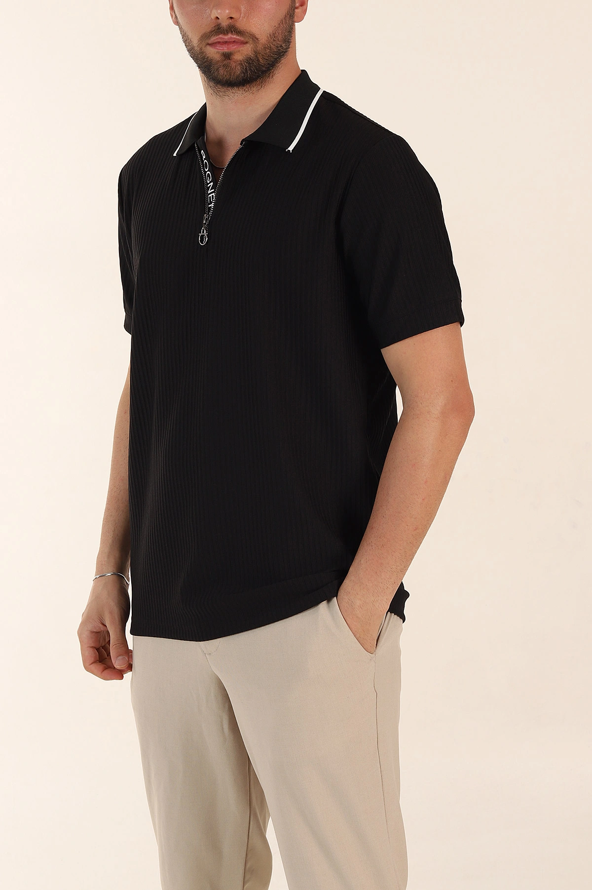 Siyah Relaxed Fit Çizgili Fermuarlı Polo Yaka Erkek Tişört 370337