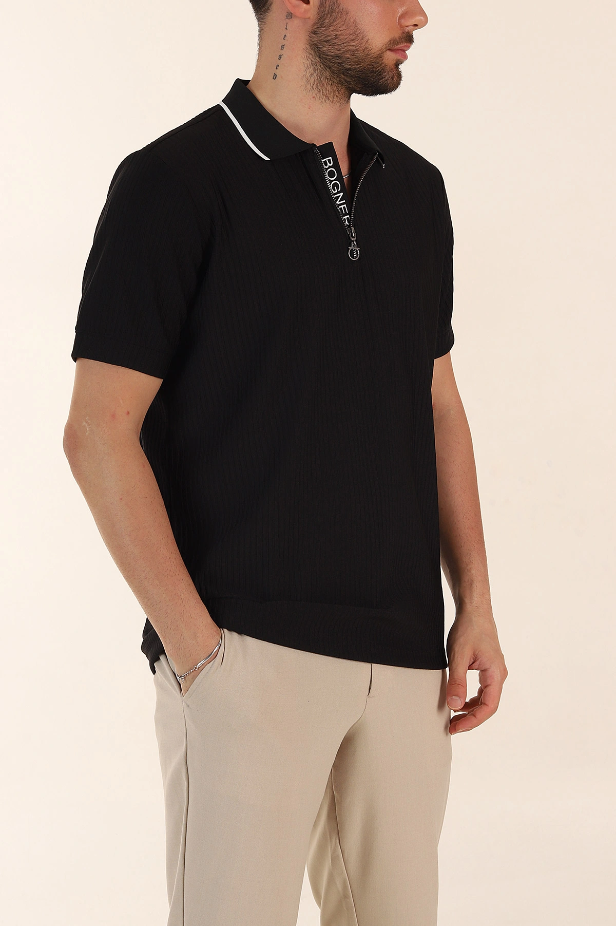 Siyah Relaxed Fit Çizgili Fermuarlı Polo Yaka Erkek Tişört 370337