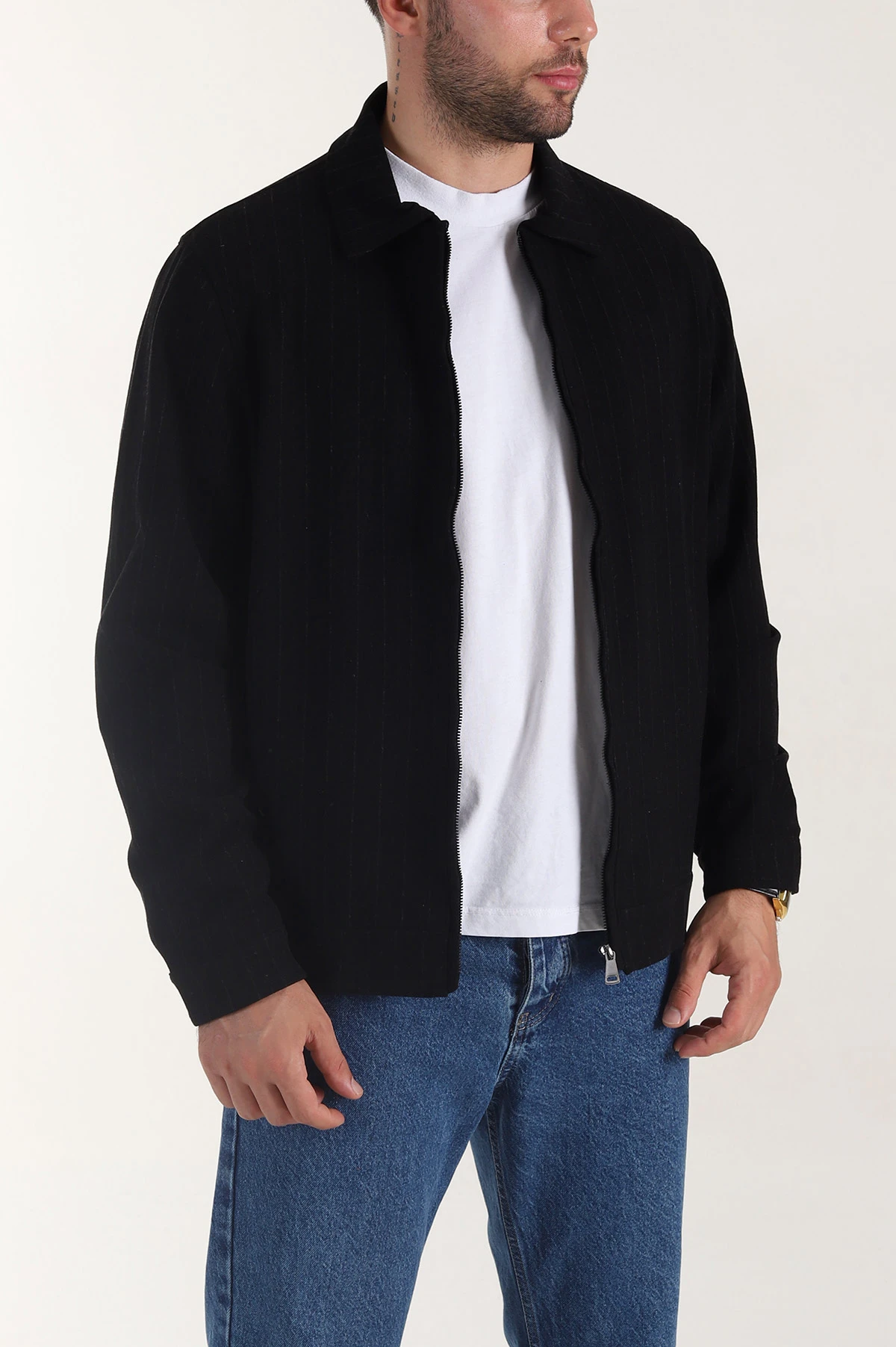 Siyah Relaxed Fit Çizgili İçi Astarlı Erkek Kaşe Mont 400055