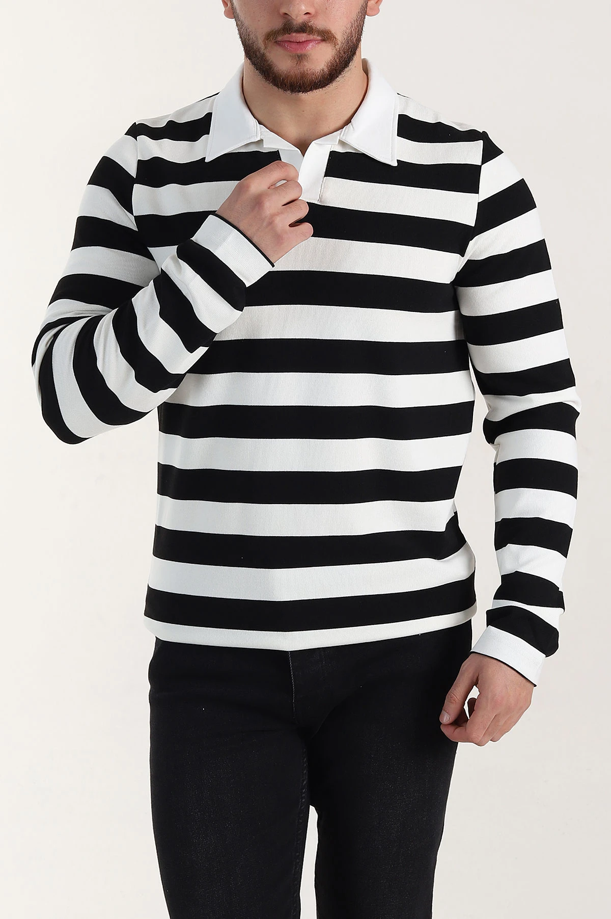 Siyah Relaxed Fit Çizgili Jakarlı Kumaş Erkek Triko Sweatshirt 399589