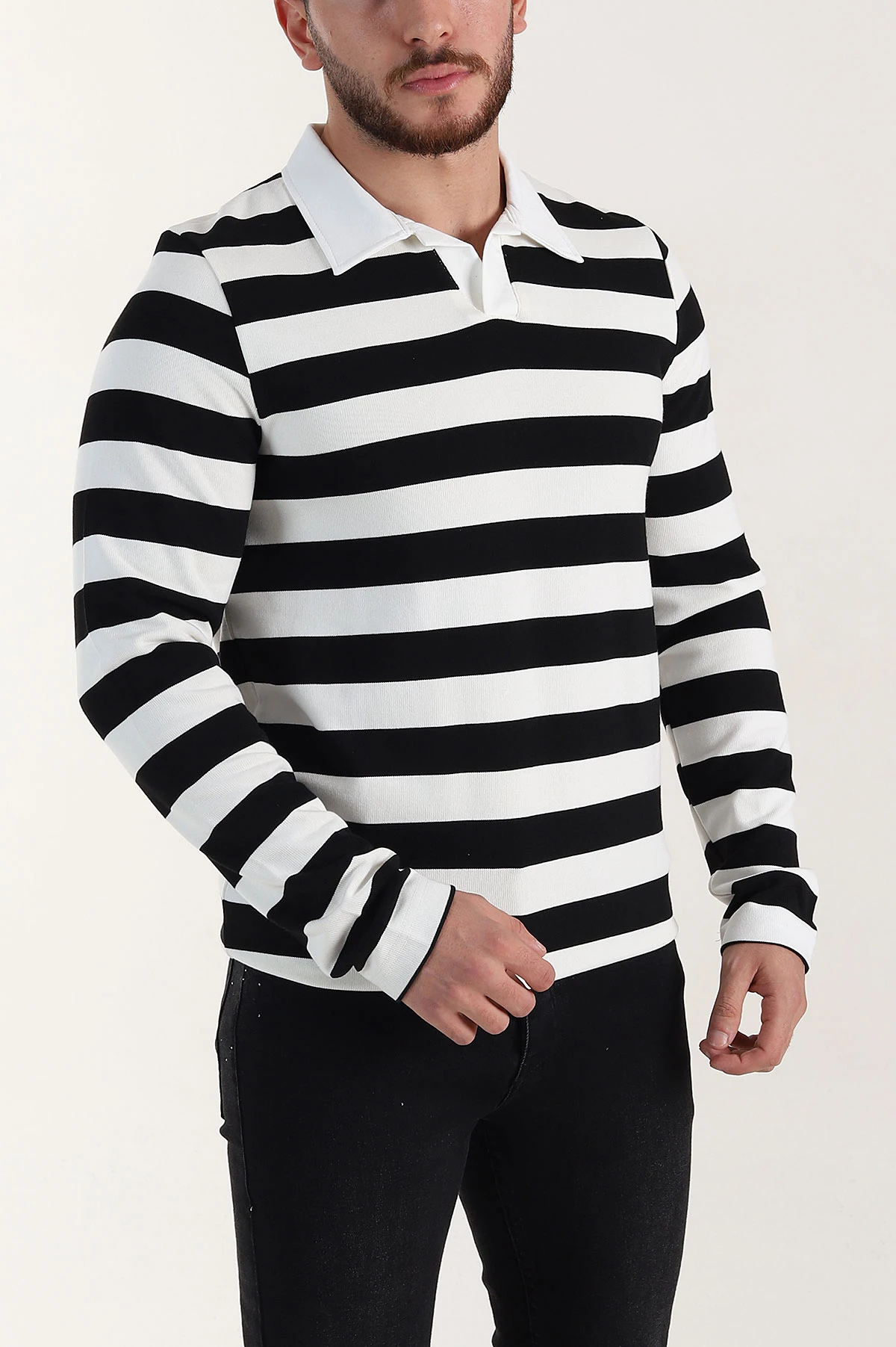Siyah Relaxed Fit Çizgili Jakarlı Kumaş Erkek Triko Sweatshirt 399589