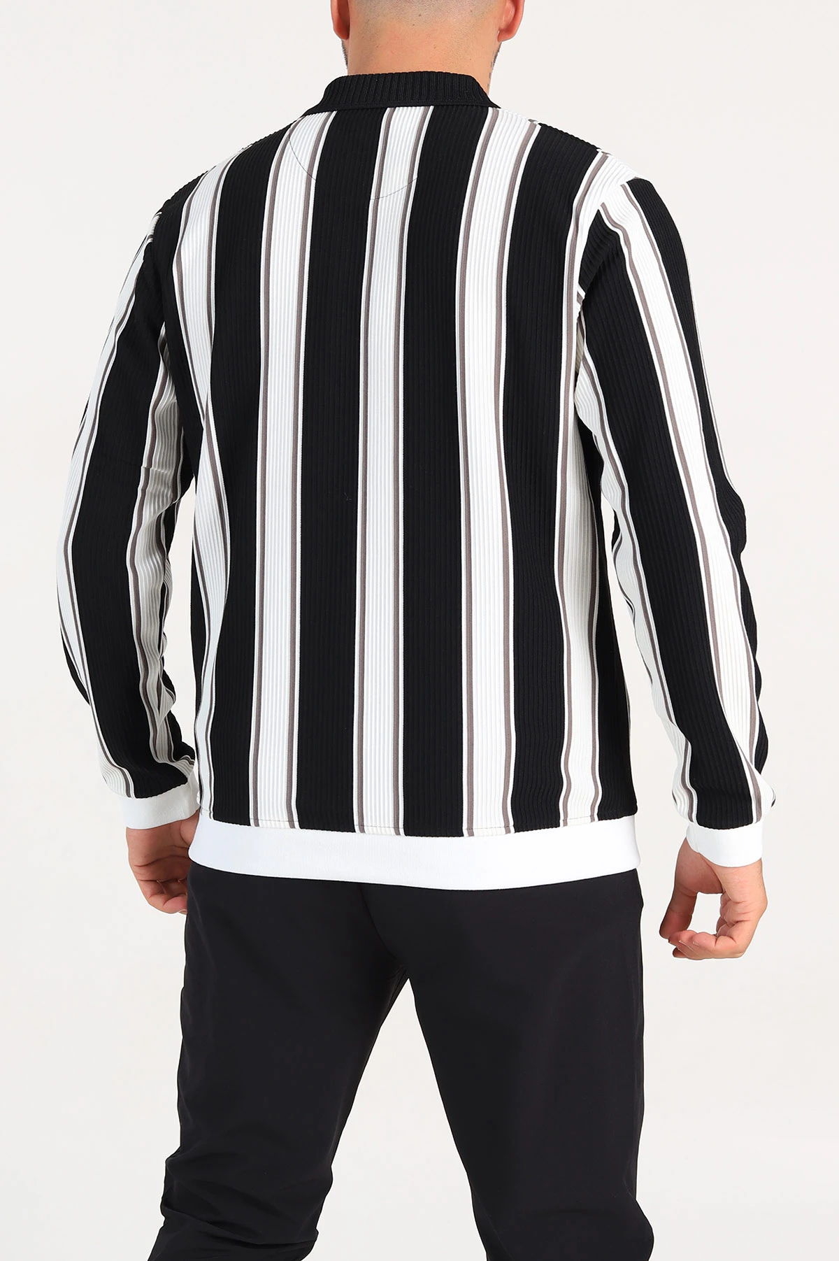 Siyah Relaxed Fit Çizgili Polo Yaka Uzun Kollu Erkek Sweatshirt 300886