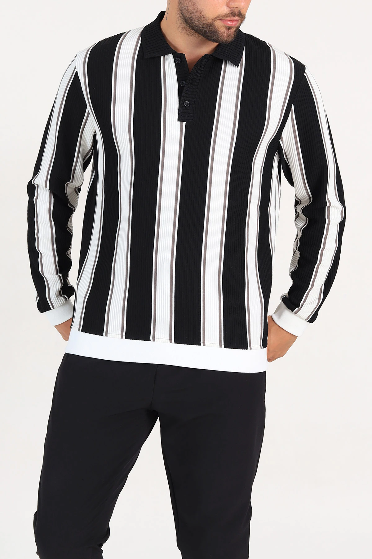 Siyah Relaxed Fit Çizgili Polo Yaka Uzun Kollu Erkek Sweatshirt 300886