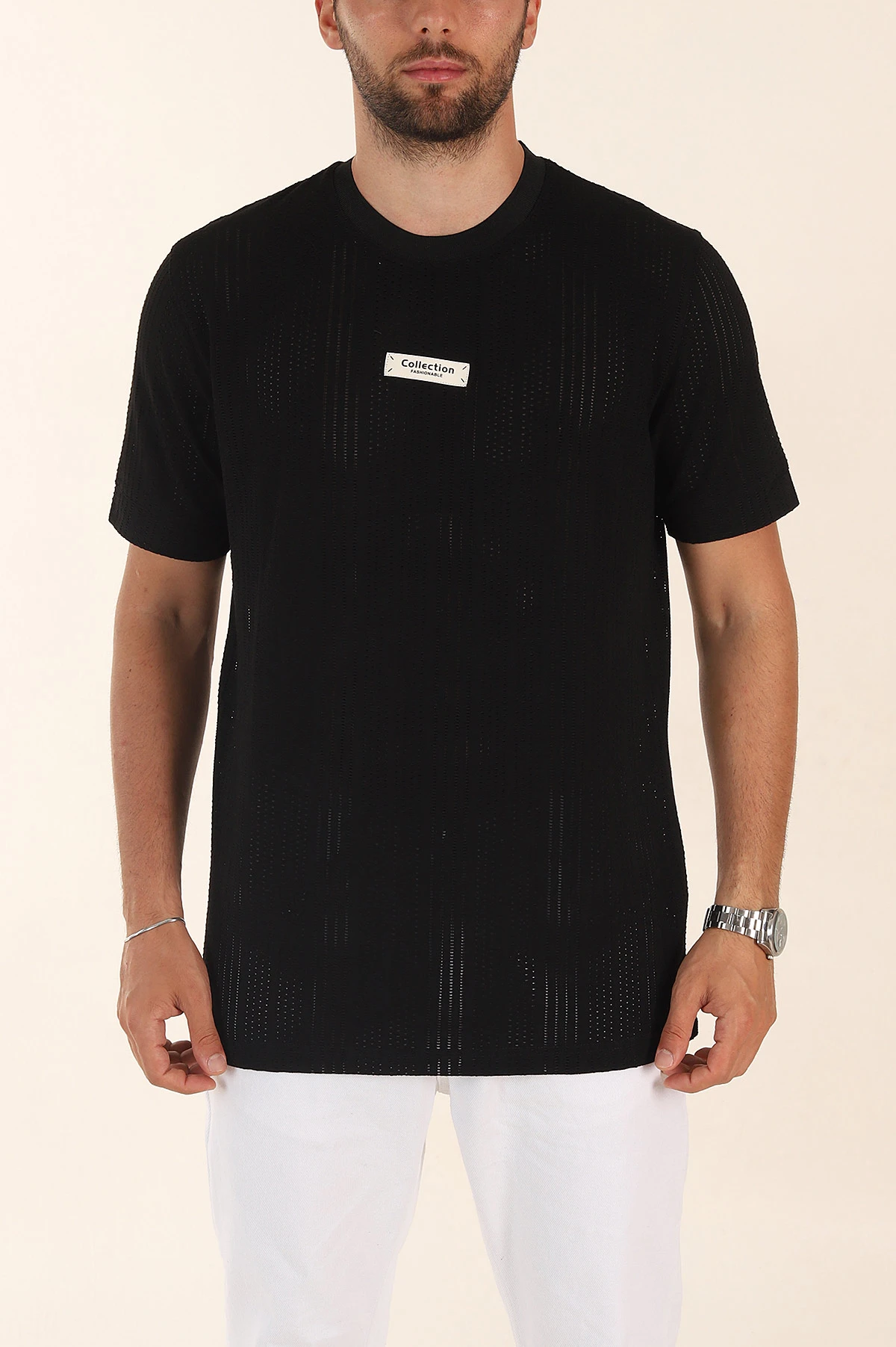 Siyah Relaxed Fit Delikli Tasarım Yazı Detay Erkek Tişört 373075