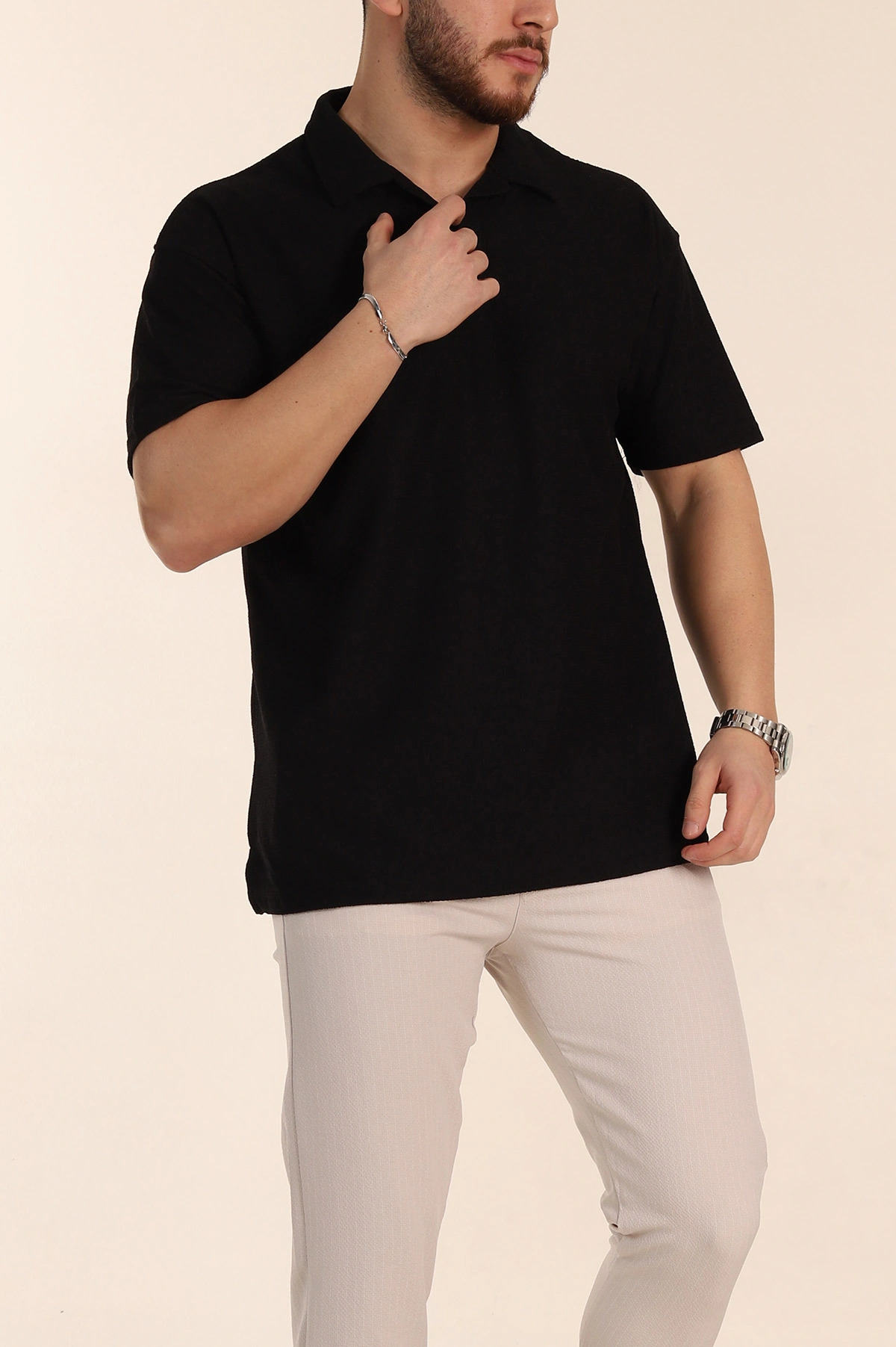 Siyah Relaxed Fit Dokulu Basic Polo Yaka Erkek Tişört 351994