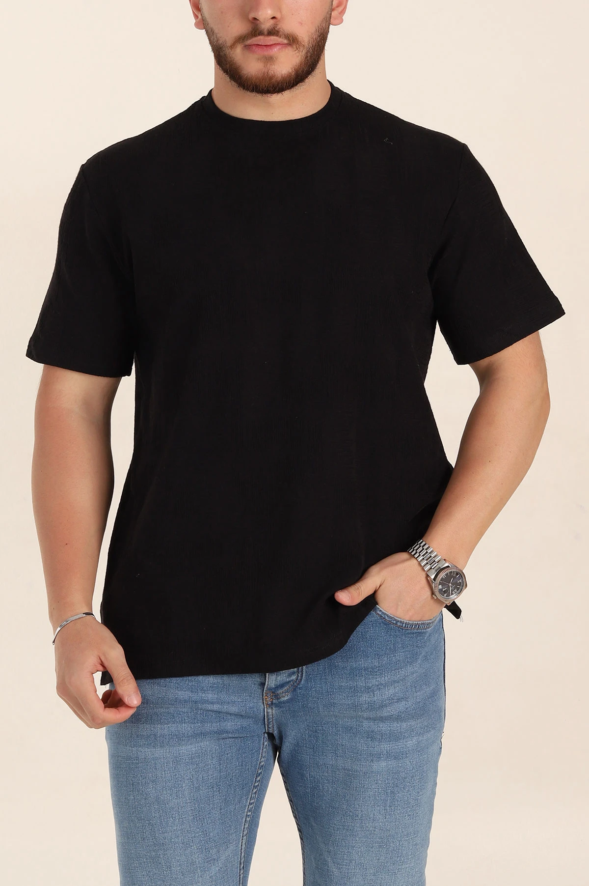 Siyah Relaxed Fit Dokulu Erkek Tişört 358013