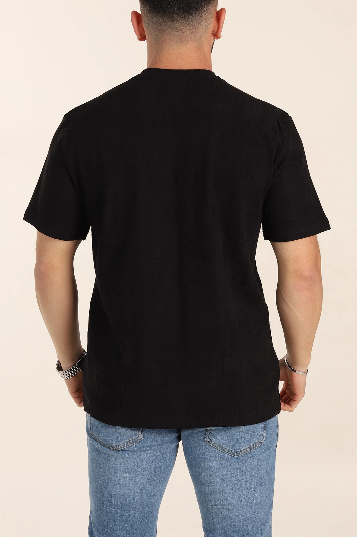 Siyah Relaxed Fit Dokulu Erkek Tişört 358013