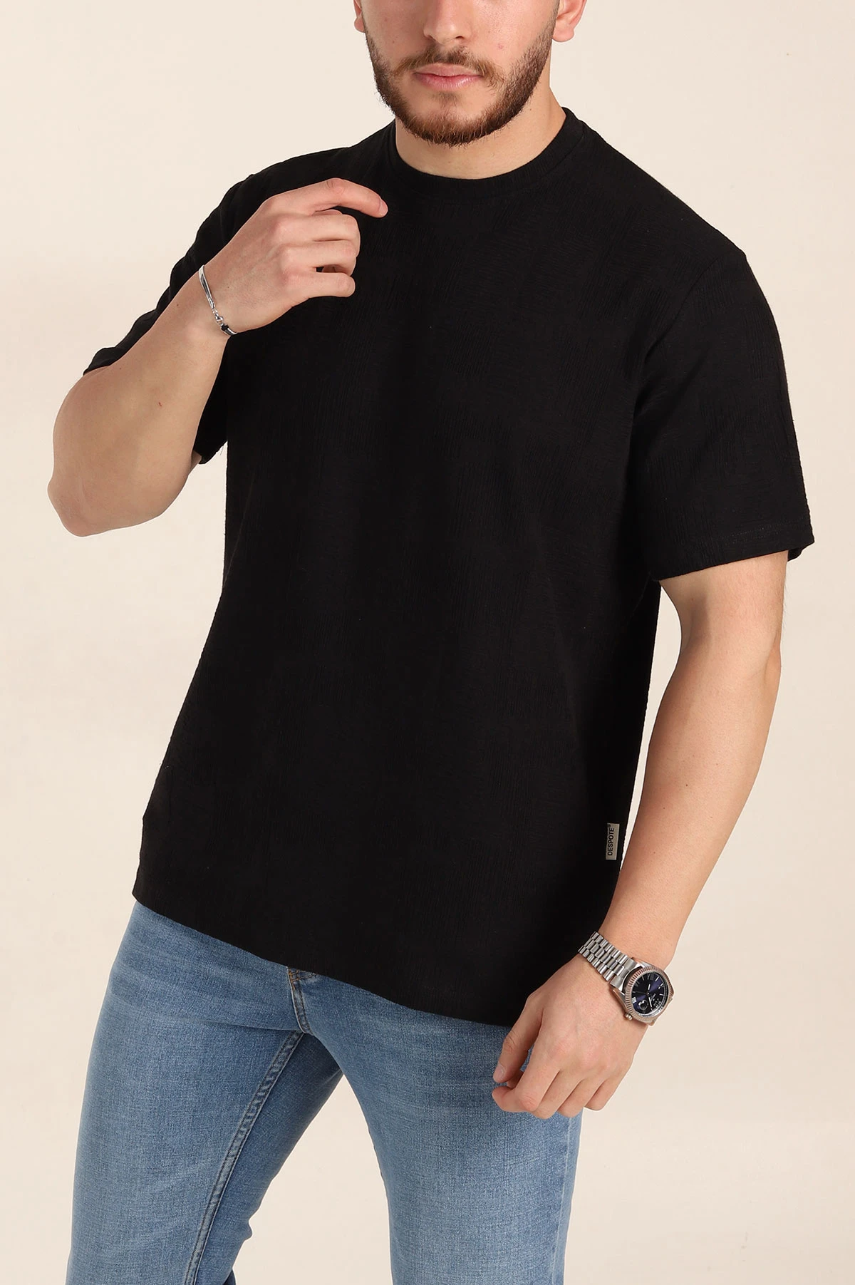 Siyah Relaxed Fit Dokulu Erkek Tişört 358013