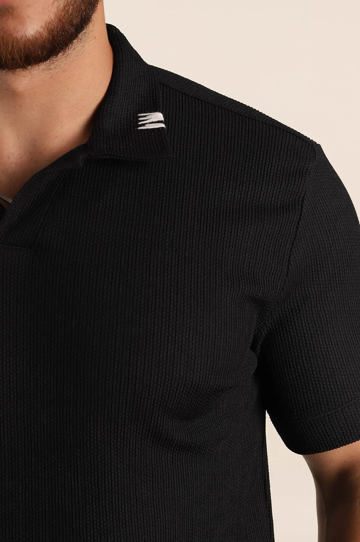 Siyah Relaxed Fit Dokulu Patlı Polo Yaka Erkek Tişört 370265