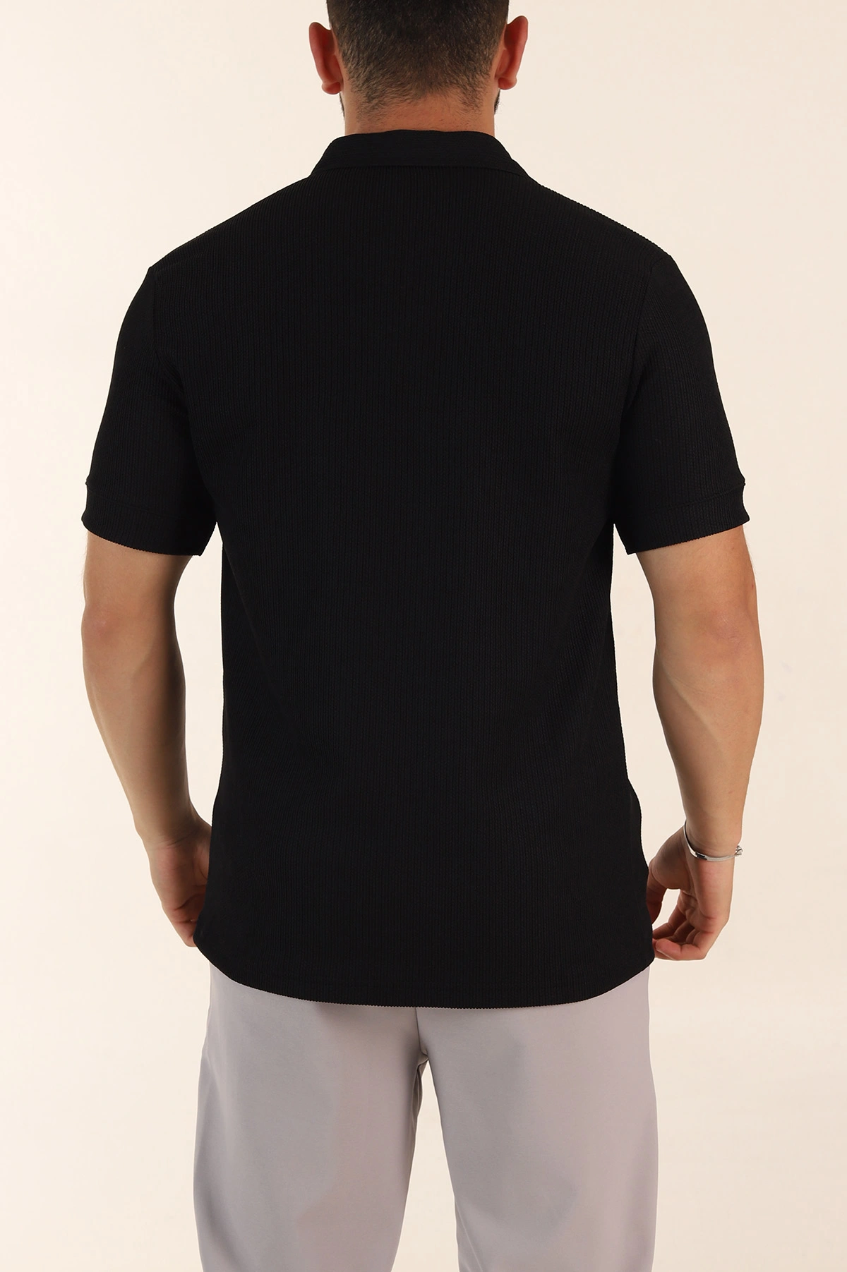 Siyah Relaxed Fit Dokulu Patlı Polo Yaka Erkek Tişört 370265