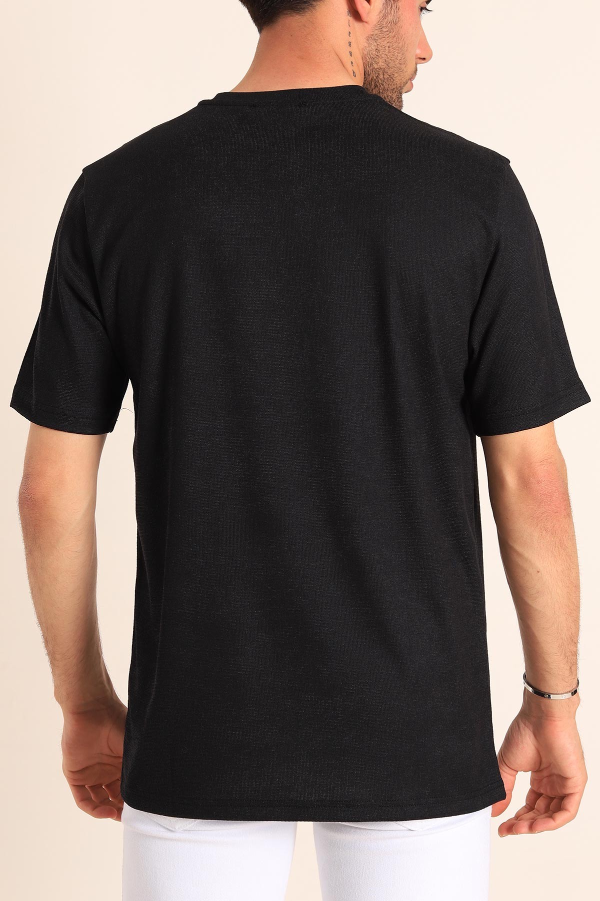 Siyah Relaxed Fit Dokulu Slogan Baskılı Erkek Tişört 186768