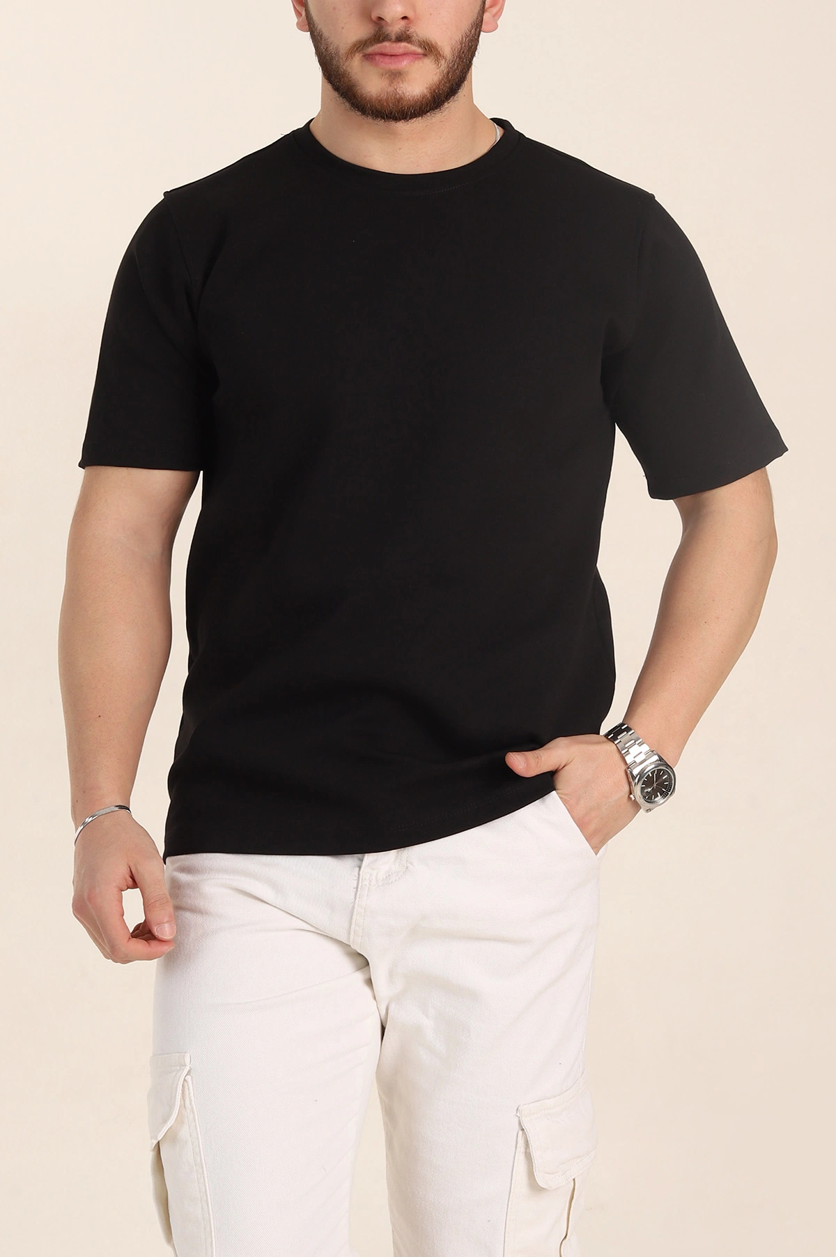 Siyah Relaxed Fit Double Face Basic Erkek Tişört 348937