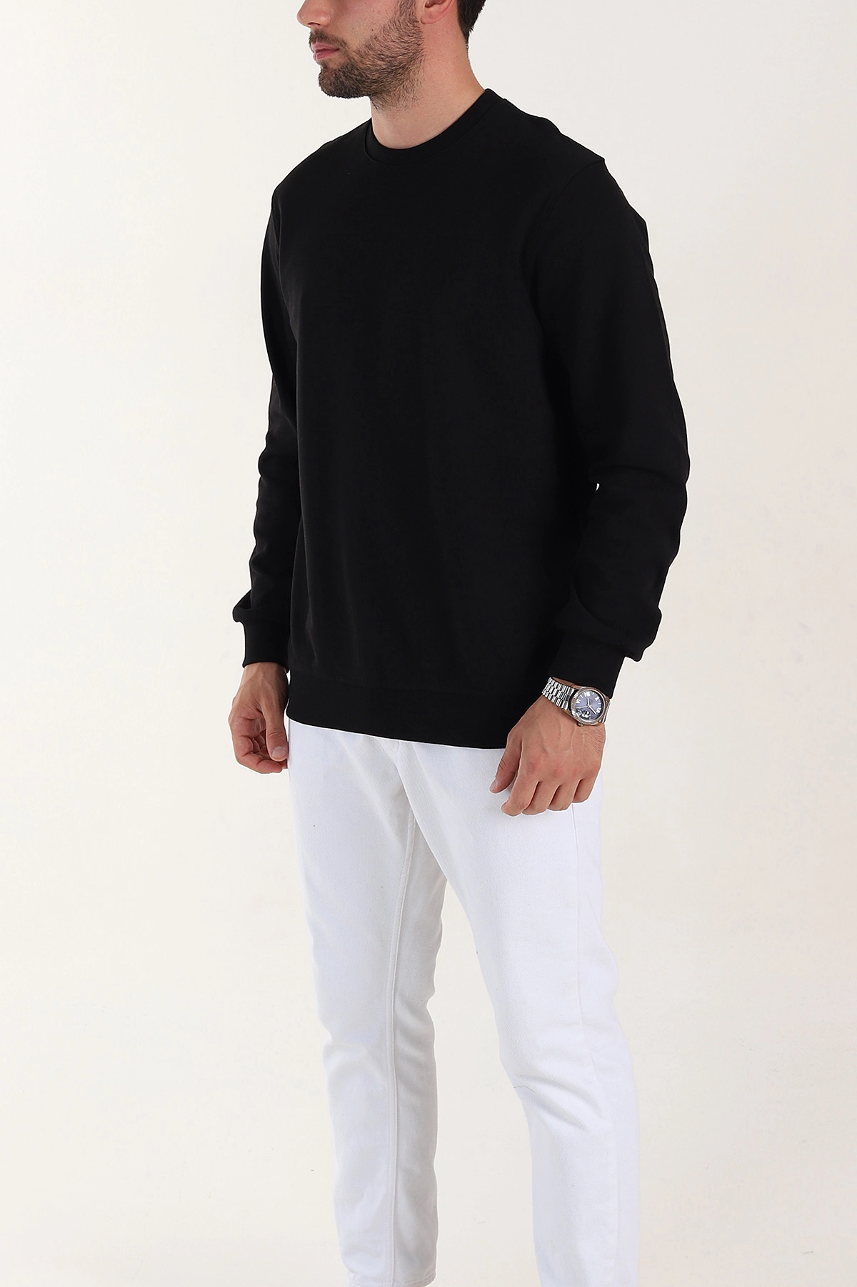 Siyah Relaxed Fit Double Face Bisiklet Yaka Basic Erkek Sweatshirt 398109