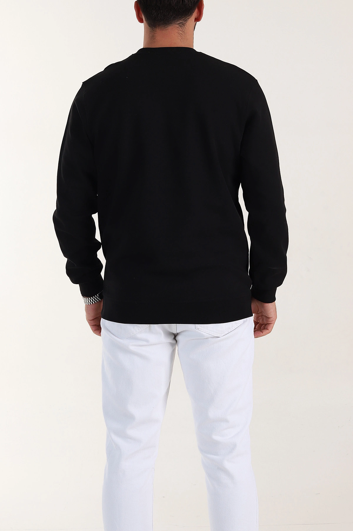 Siyah Relaxed Fit Double Face Bisiklet Yaka Basic Erkek Sweatshirt 398109