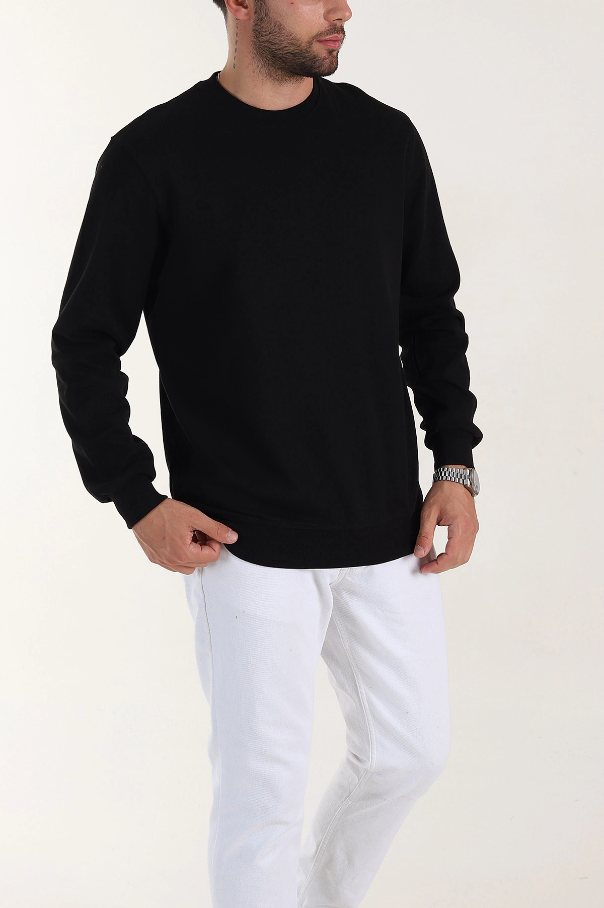 Siyah Relaxed Fit Double Face Bisiklet Yaka Basic Erkek Sweatshirt 398109
