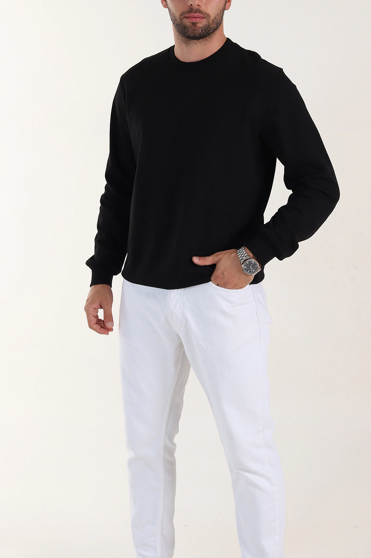 Siyah Relaxed Fit Double Face Bisiklet Yaka Basic Erkek Sweatshirt 398109
