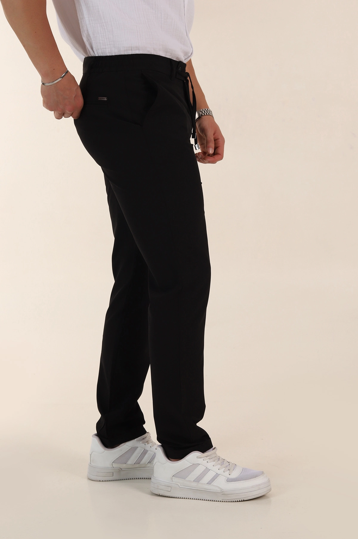 Siyah Relaxed Fit Duble Kumaş Bel Lastikli Duble Paça Erkek Pantolon 362586