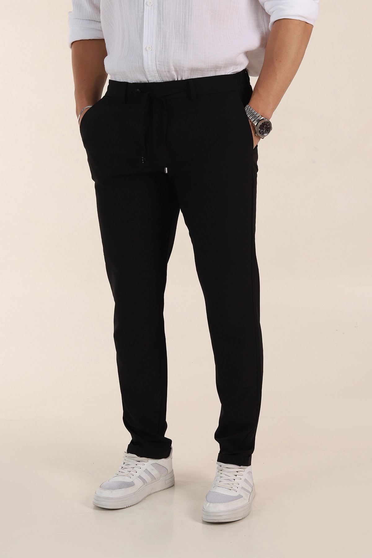 Siyah Relaxed Fit Duble Kumaş Bel Lastikli Duble Paça Erkek Pantolon 362586