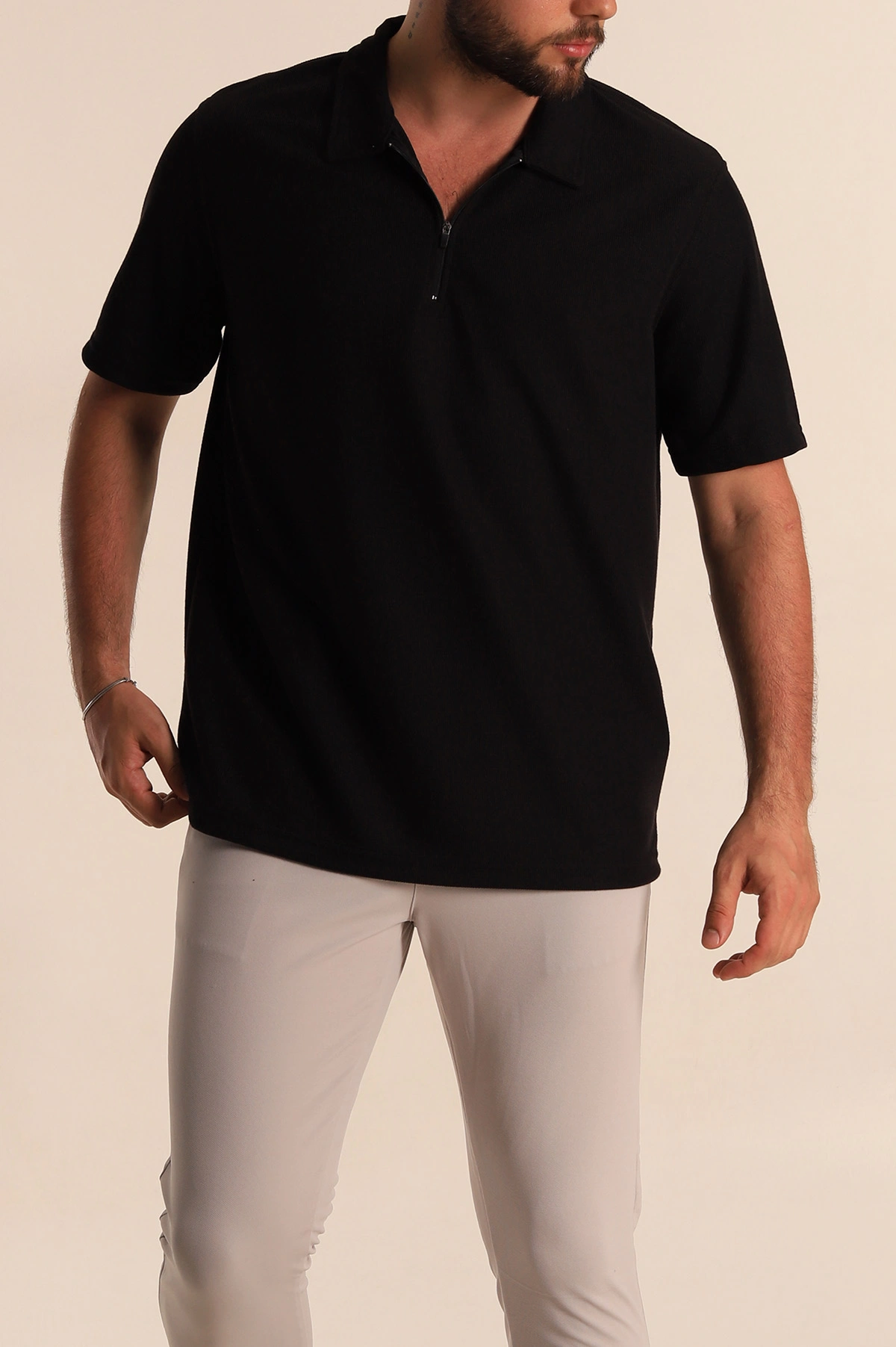 Siyah Relaxed Fit Fermuarlı Polo Yaka Erkek Tişört 279199