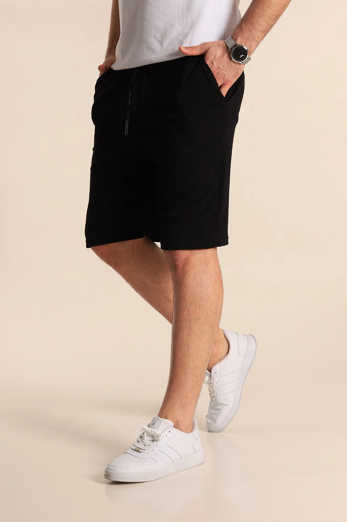 Siyah Relaxed Fit Fitilli Doku Bel Lastikli Erkek Şort 272828