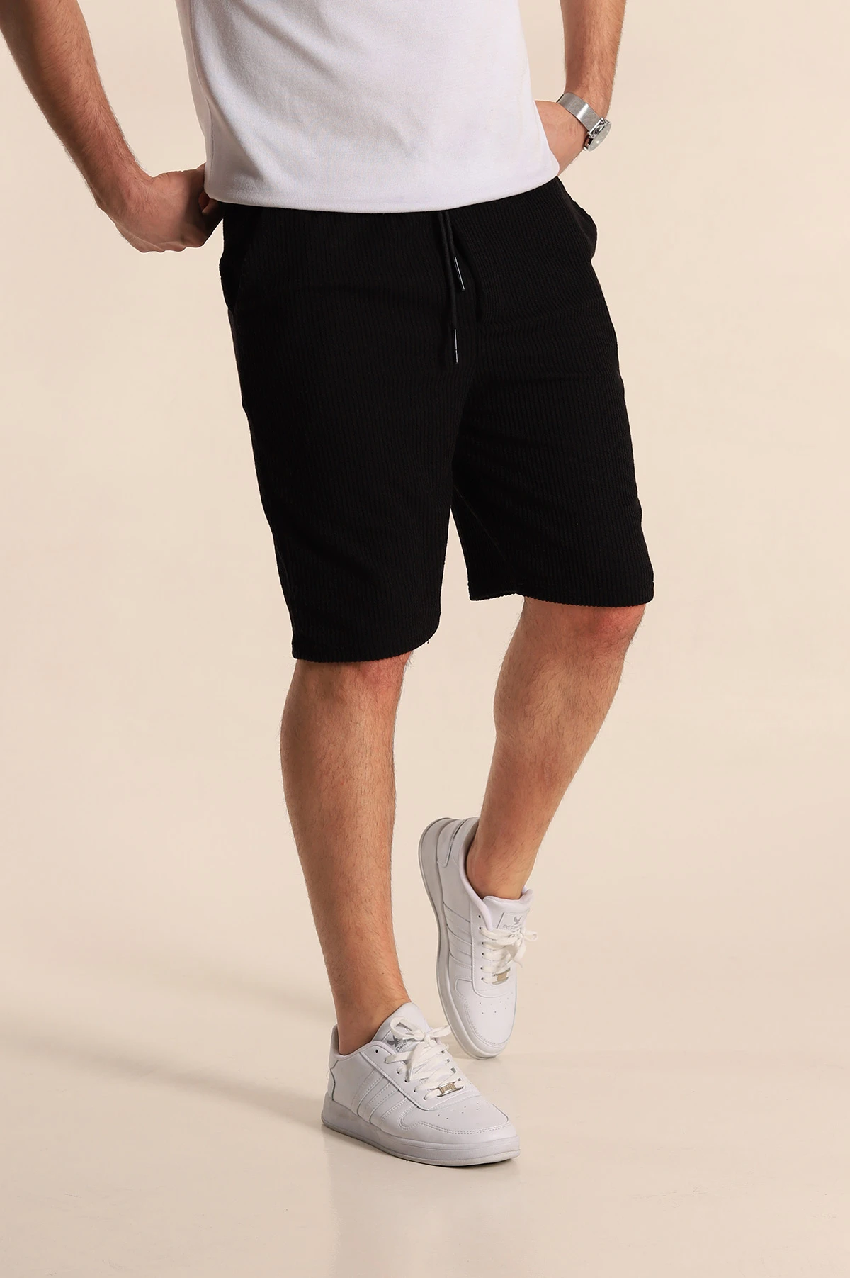 Siyah Relaxed Fit Fitilli Doku Bel Lastikli Erkek Şort 272828